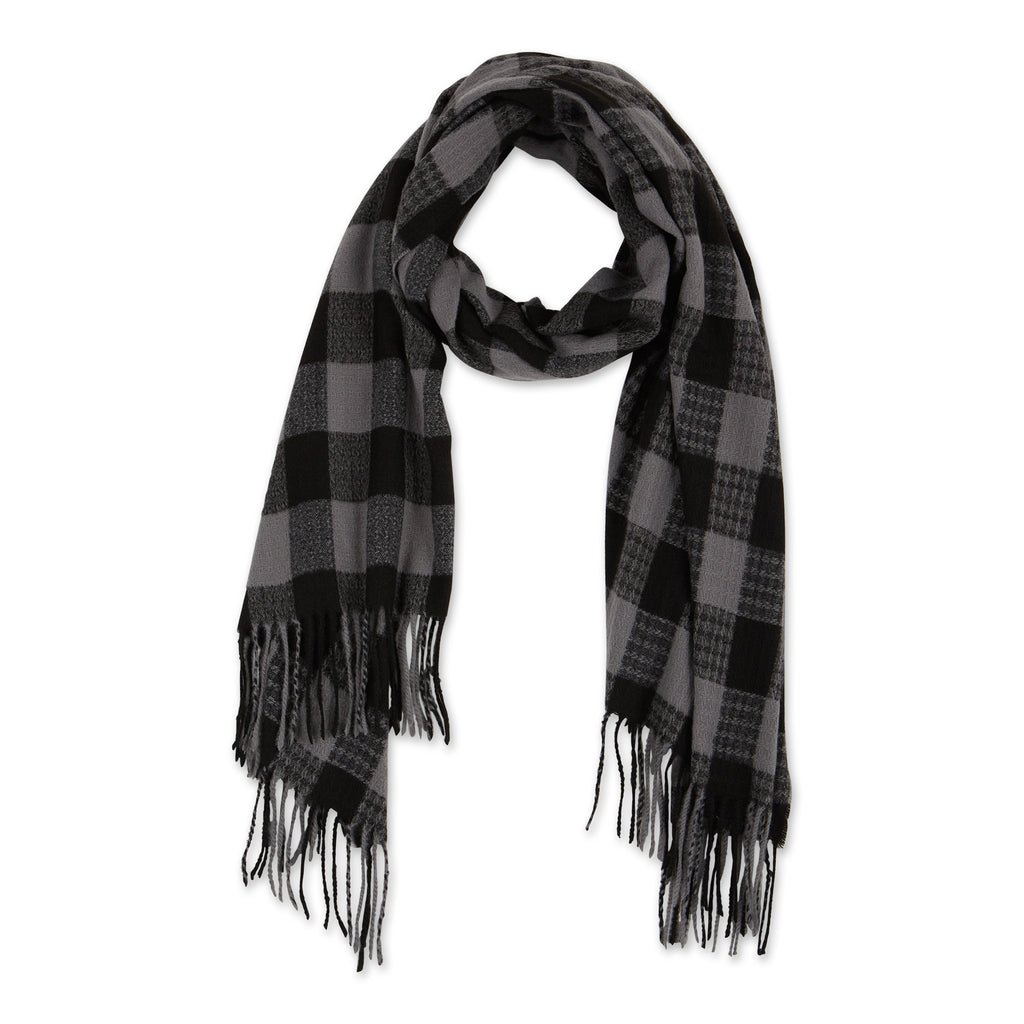 Denver Plaid Fringe Scarf - Black & Gray