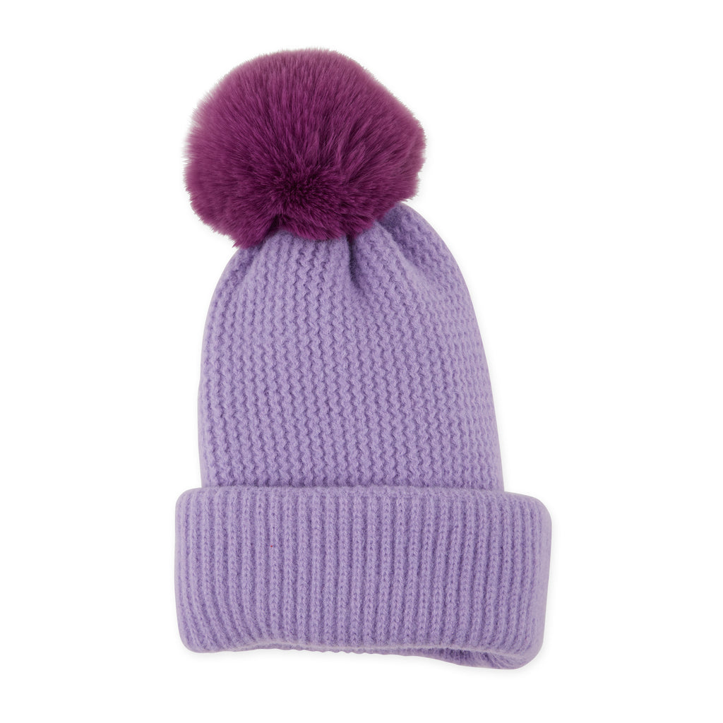 Plush Knit Pom Pom Beanie - Purple