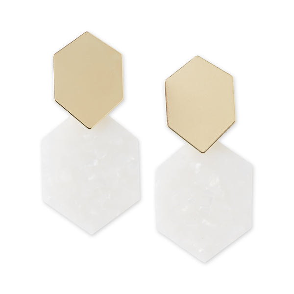 Hexigon Earrings - Gold/White